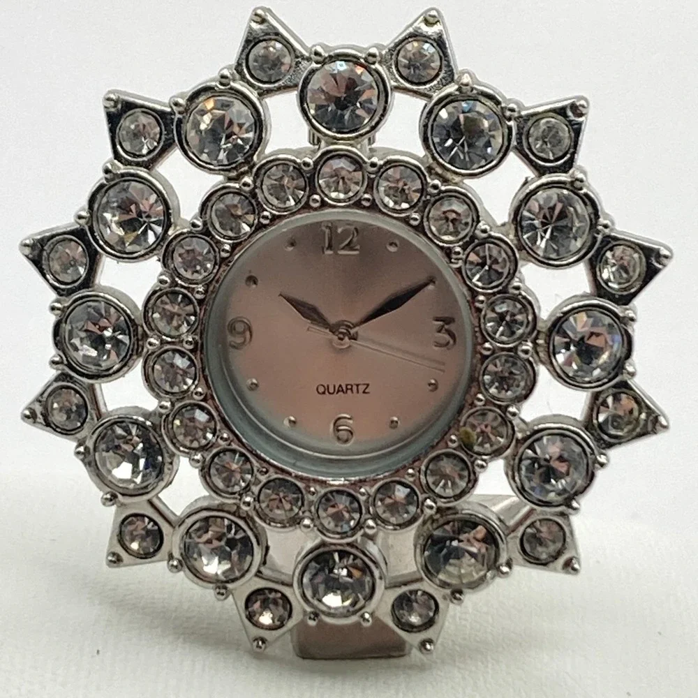 Modern Desk Clock Silver Tone Crystals Bling Rhinestone New Battery Works!!